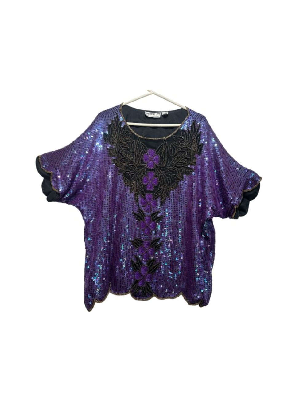 SCALA Silk Sequins Beaded Tunic Top 2X Purple Dolman Sleeves 90s Retro Evening - Picture 2 of 16